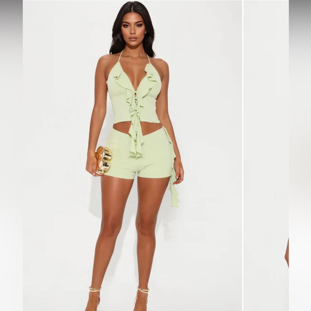 Fashion Nova Sage Ribbed Halter Short Set